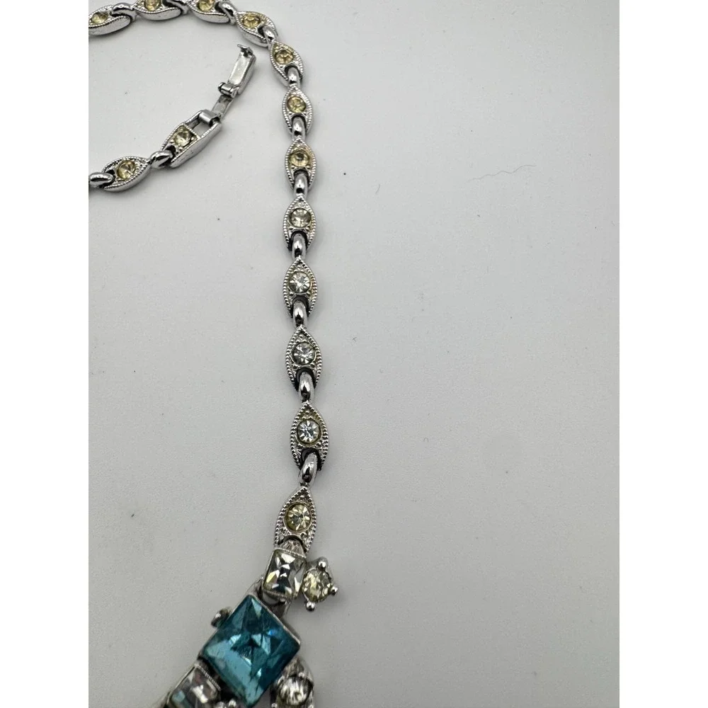 Vintage BOGOFF Necklace Blue Rhinestone Silver Tone MCM Aqua Teal
